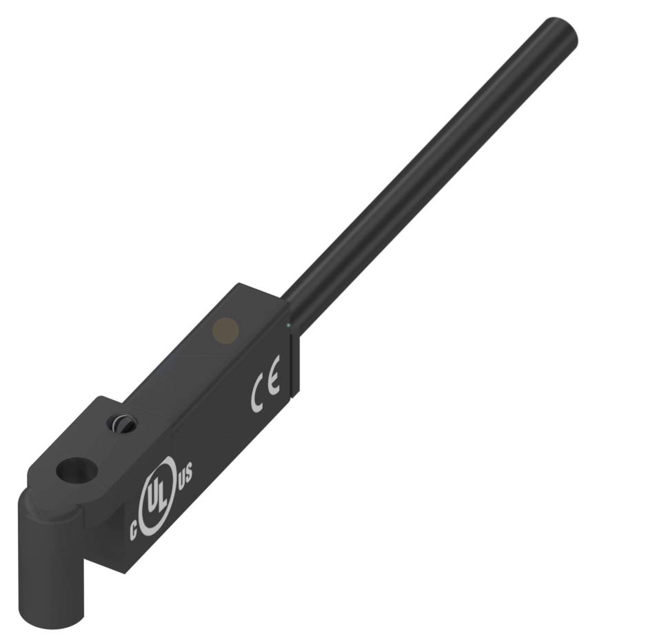 Ein schwarzer Sensor mit CE- und UL-Kennzeichnung, zeigt eine kompakte Bauweise mit abgehender Rundkabelverbindung.