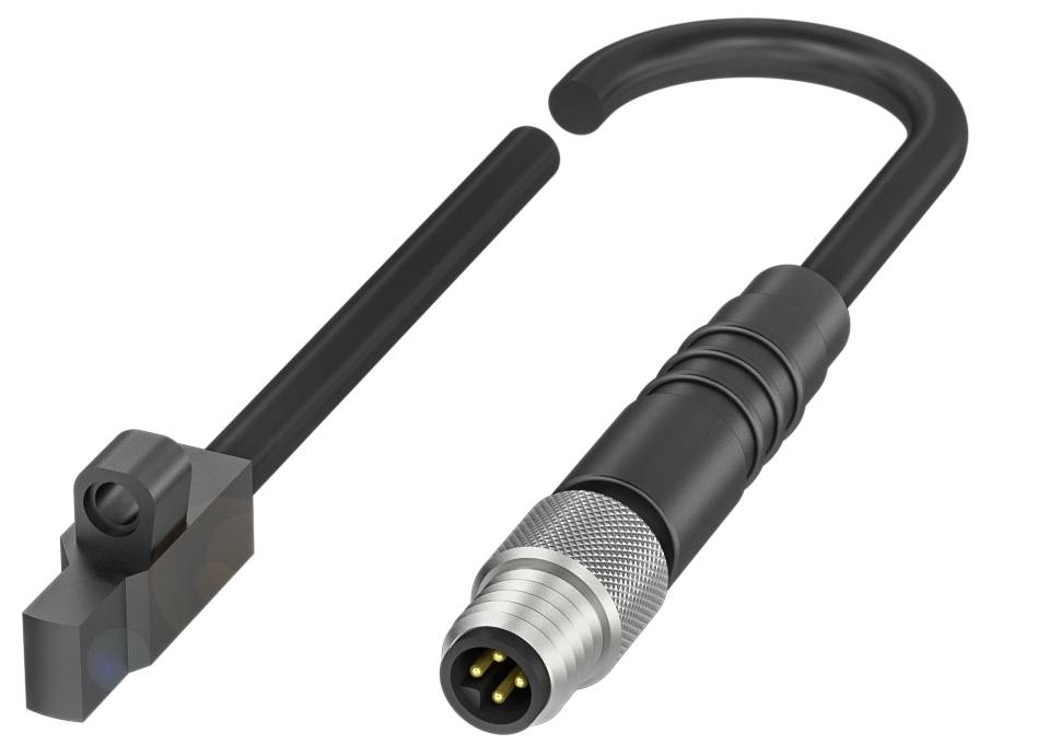 Ein schwarzes Sicherheitsschloss mit einem schwarzen Kabel, das mit einem metallischen Verschluss verbunden ist.