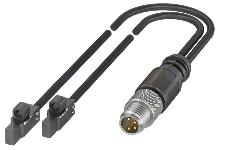 Elektronisches Bauteil mit zwei schwarzen Sensoren und einem silbernen Stecker. Die Sensoren haben das Logo 'BALLUFF'.