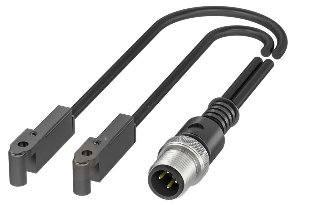 Zwei schwarze Näherungssensoren mit Kabel und einem vierpoligen Stecker. Geeignet für präzise Objektdetektion in Maschinen.