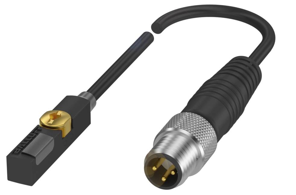 Stecker im Bild: Links ein schwarzer Zylindersensor mit Kabel und Klemme, rechts ein metallischer Rundstecker mit mehreren Pins.