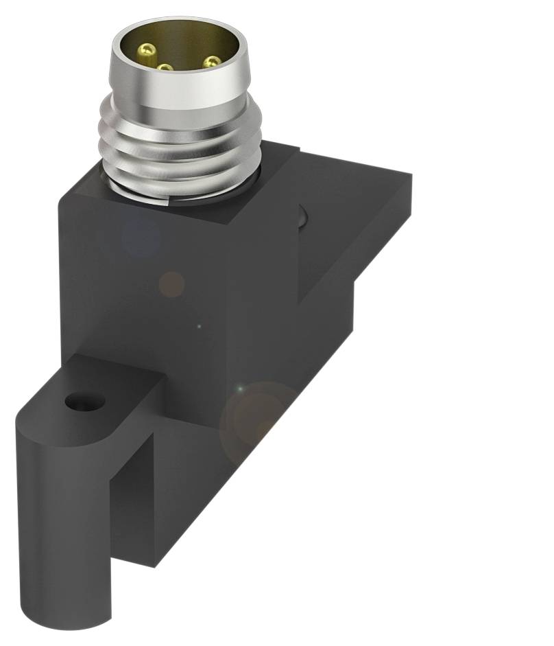 Schwarzer elektrischer Steckverbinder mit metallischer Buchse und goldenen Pins auf weißem Hintergrund, seitliche Ansicht.