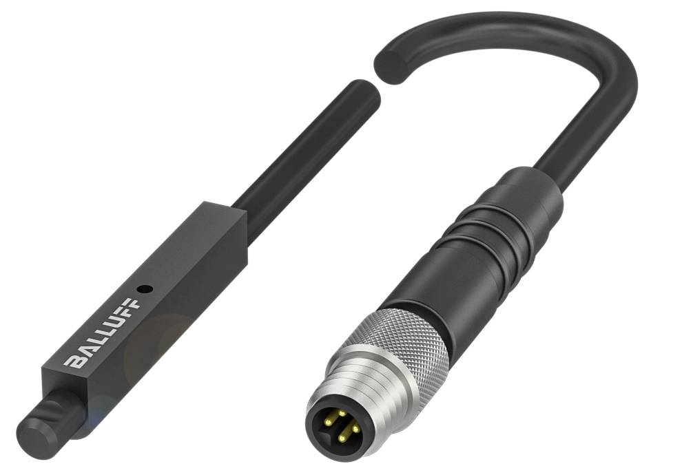 Ein zylinderförmiger Steckverbinder mit einem abgewinkelten Kabel. Der Herstellername 'BALLUFF' ist auf dem Gehäuse sichtbar.