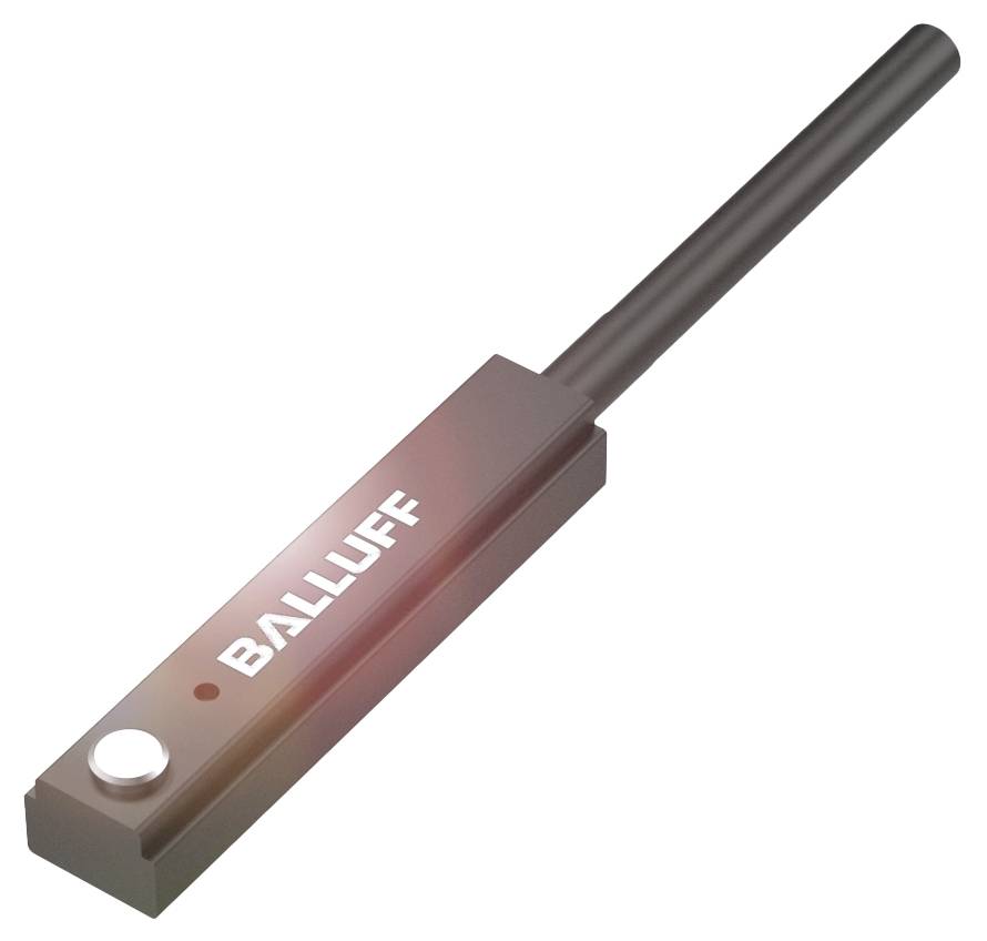 Ein rechteckiger Sensor mit der Aufschrift 'BALLUFF', einem integrierten Kabel. Der Sensor ist dunkelgrau und hat eine runde, weiße Markierung.