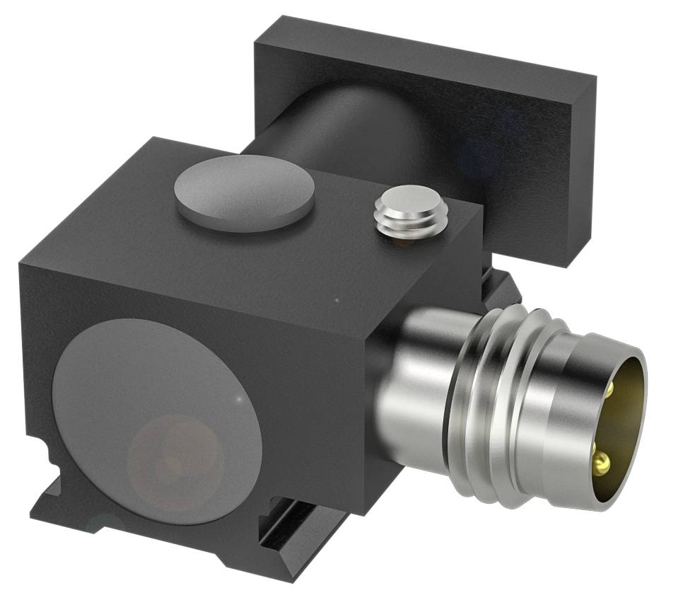 Eine schwarze, quadratische Kamera mit Metallstecker, geeignet für industrielle Anwendungen.