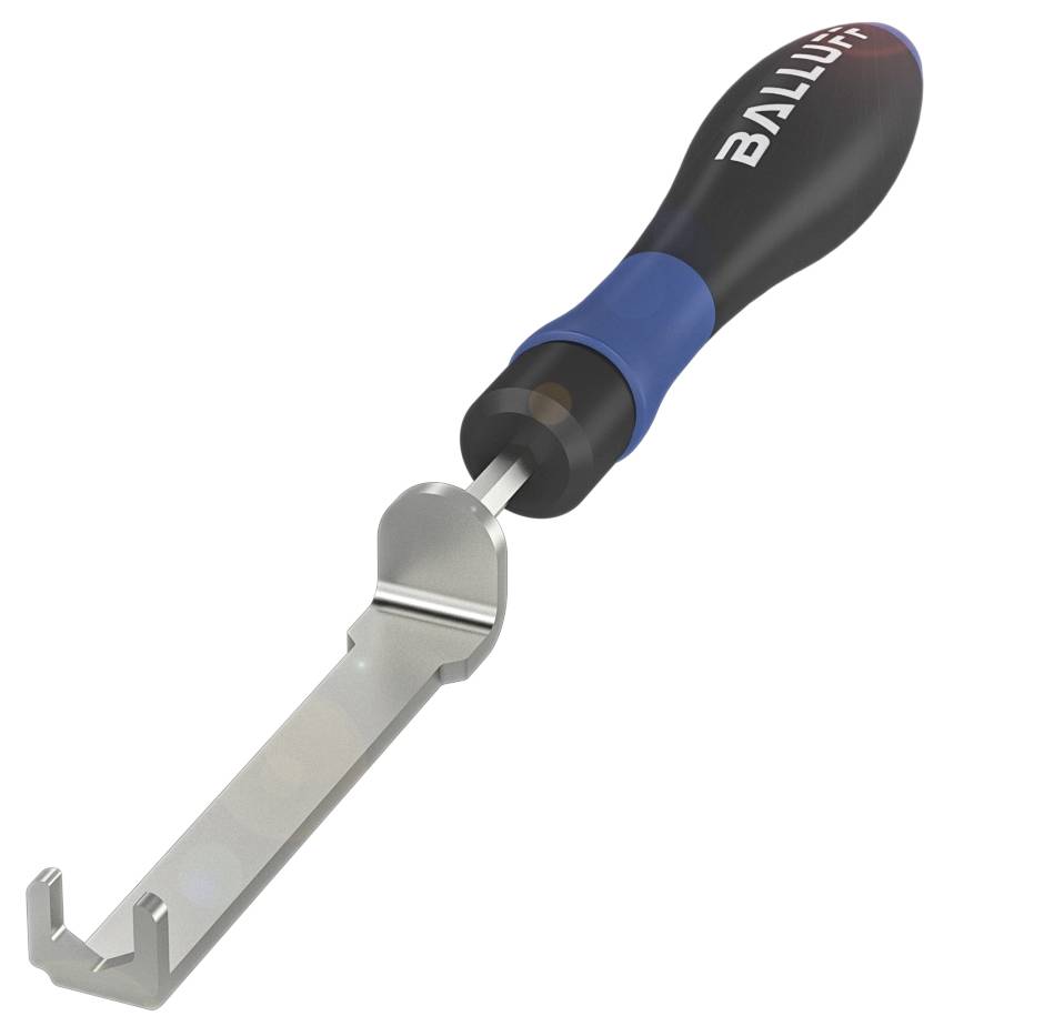 Ein handliches Werkzeug mit ergonomischem Griff und Metallhaken, das zur Justierung von Sensoren verwendet wird.