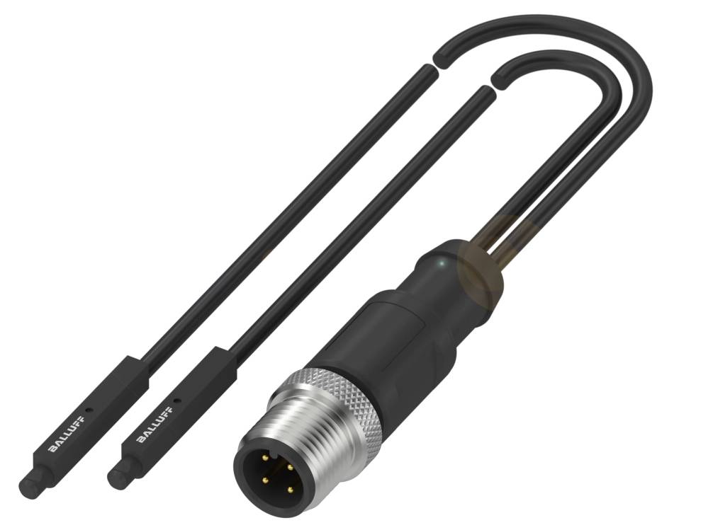 Ein schwarzer elektrischer Stecker mit zwei langen Kabeln, die an zwei rechteckige Module enden, die mit 'BALLUFF' beschriftet sind.