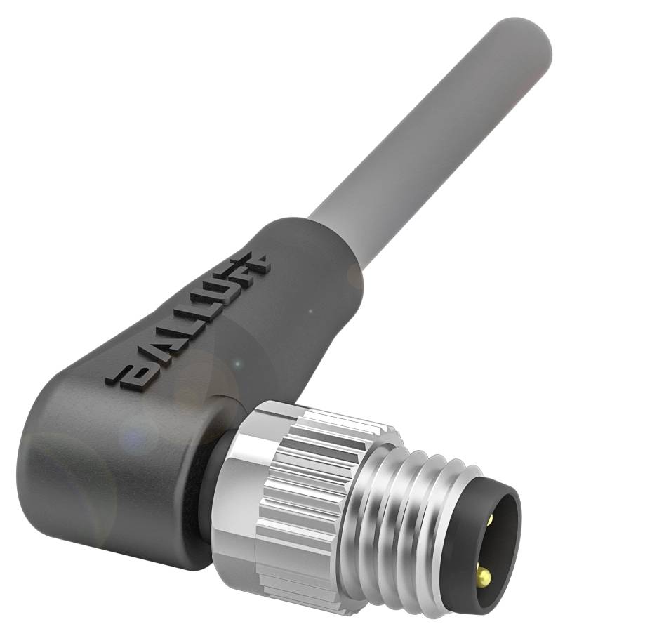 Ein schwarzer Kabelstecker mit Metallgewinde, vermutlich ein M8- oder M12-Stecker, geeignet für industrielle Anwendungen und Sensoren.