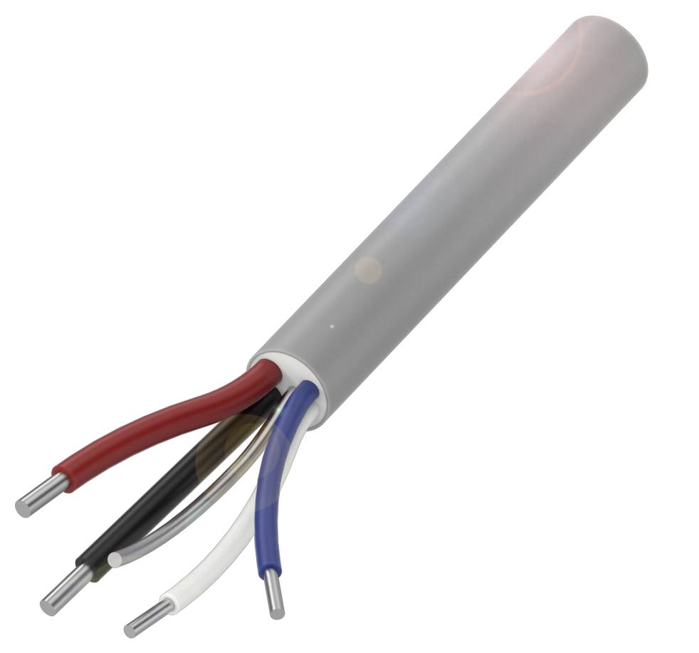 Ein graues Kabel mit roten, schwarzen, weißen und blauen isolierten Drähten ragt an einem Ende heraus, auf weißem Hintergrund.