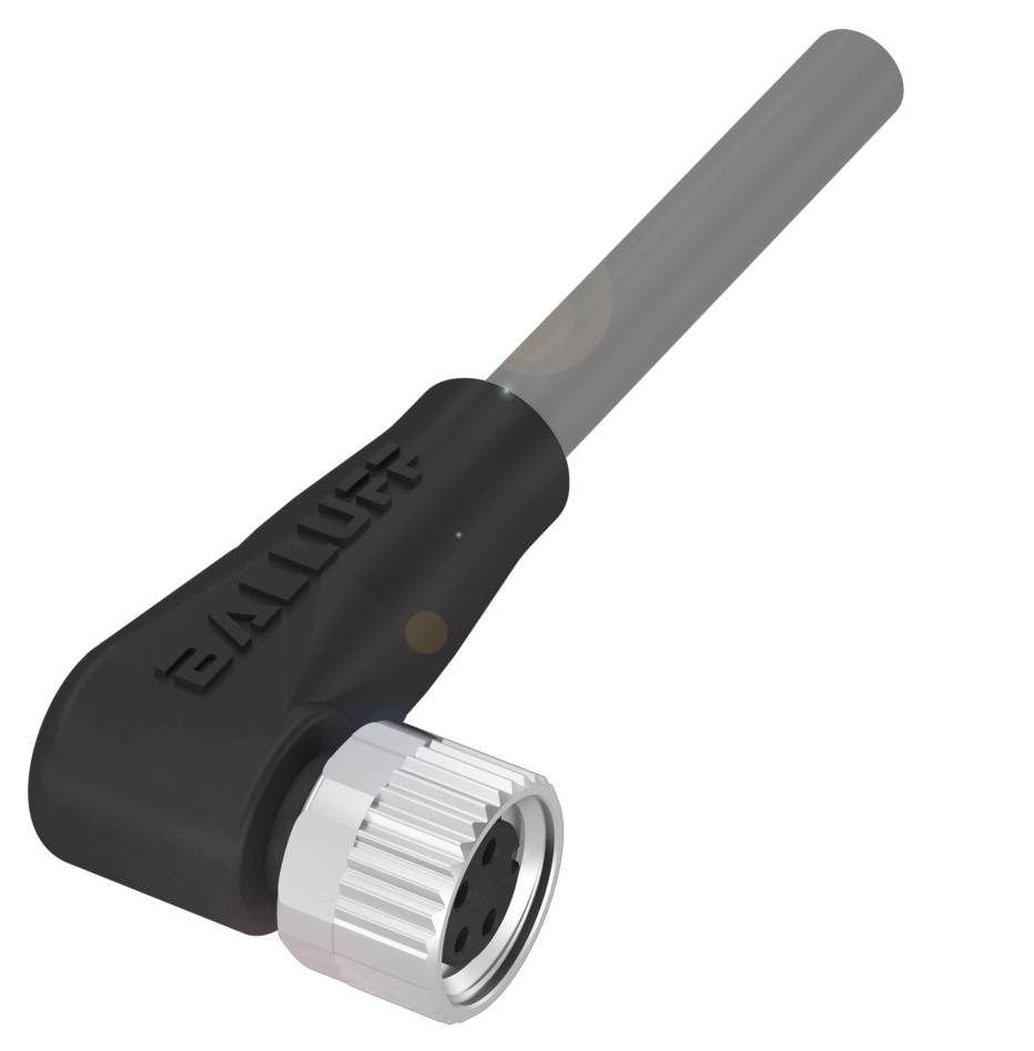 Schwarzer, abgewinkelter Sensorstecker mit metallischem Schraubgewinde, markiert mit dem Schriftzug 'BALLUFF', für industrielle Anwendungen.