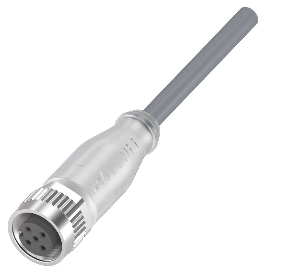 Ein metallischer, zylindrischer Stecker mit mehreren runden Anschlüssen am Ende, verbunden mit einem grauen Kabel.