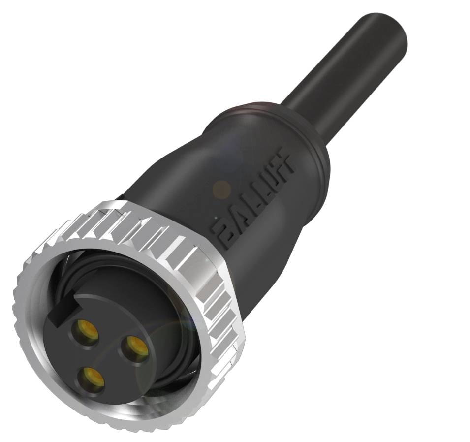 Ein schwarzer zylindrischer Stecker mit einem metallischen Ring und drei goldenen Kontaktstiften.