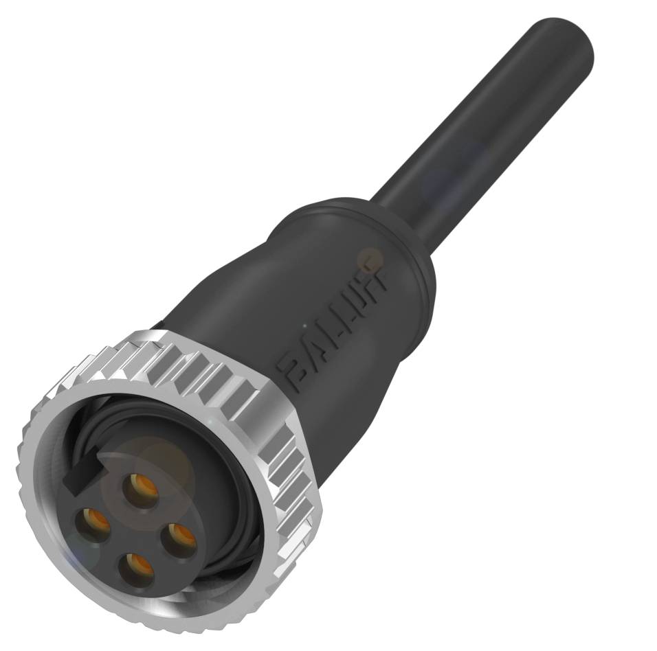 Ein schwarzer M12-Steckverbinder mit silbernem Gewinde und drei orangefarbenen Kontakten, geeignet für industrielle Anwendungen.
