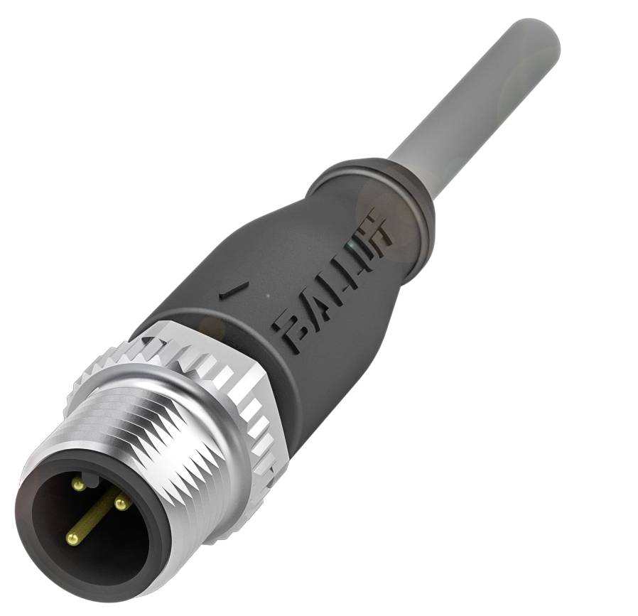 Ein schwarzer, zylindrischer Sensor- oder Kabelstecker mit zwei Metallstiften und einem Schraubgewinde an einem Ende.