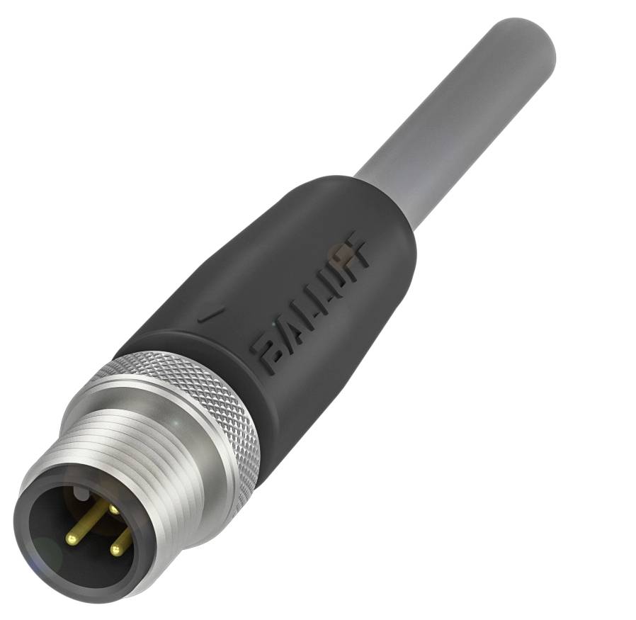 Schwarzer M12-Stecker mit Metallgewinde und drei goldfarbenen Kontakten, seitlich mit der Aufschrift 'BALLUFF'. Verwendet für industrielle Anwendungen.