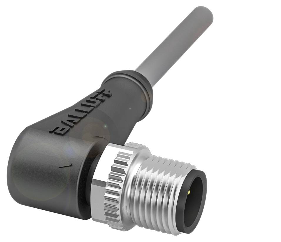 Schwarz-silberner Winkelstecker mit Kabel, Gewinde-Endteil und Balluff-Schriftzug auf Gehäuse, geeignet für industrielle Anwendungen.