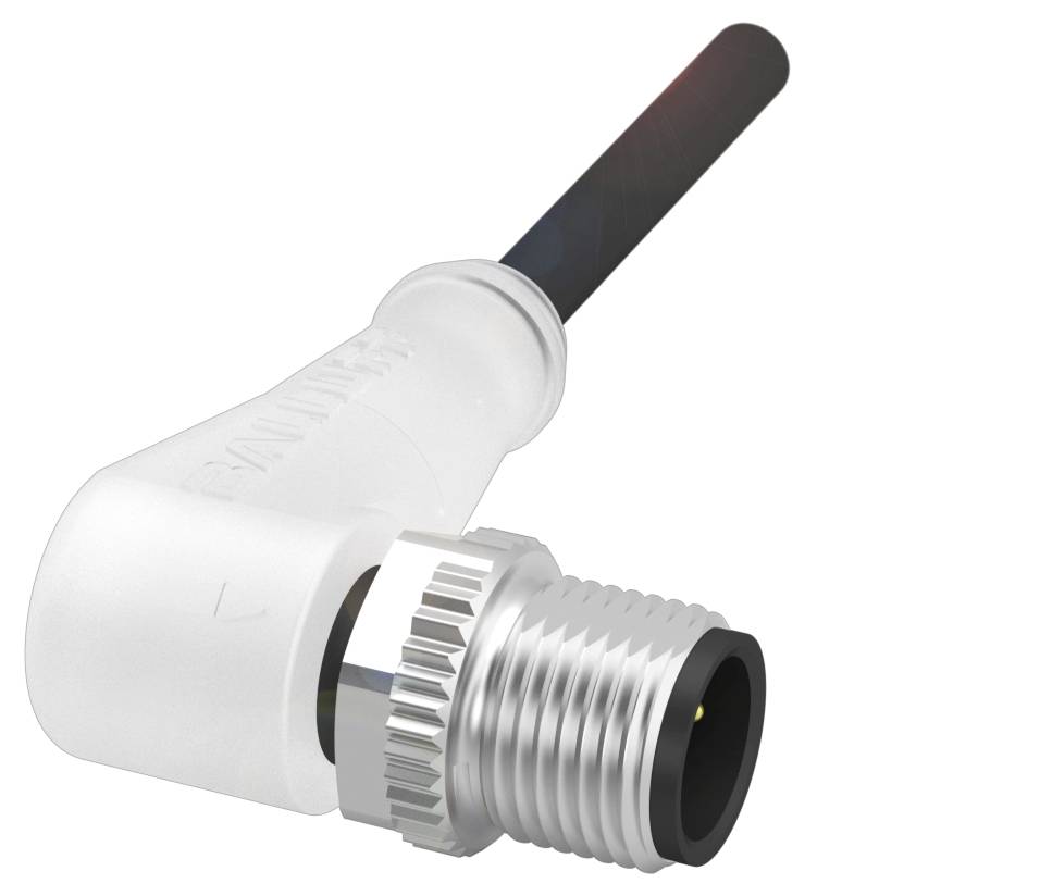 M12-Stecker mit Kabel, abgewinkelt, aus weißem Kunststoff und Metall. Wird oft in industriellen Anwendungen zur Datenübertragung verwendet.