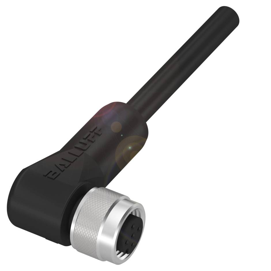Stecker für elektronische Verbindung, schwarz und silber, zylindrische Form mit mehreren Pins.