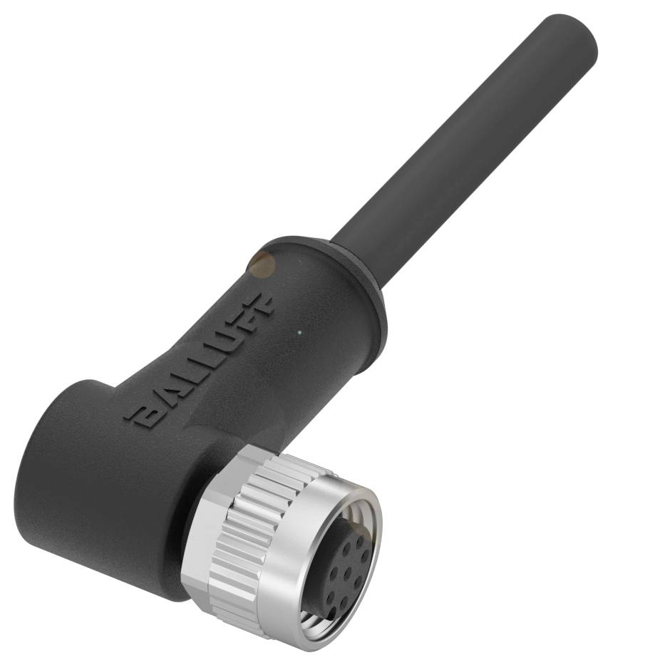 Ein schwarzer, abgewinkelter Stecker mit einem runden Anschluss und Buchsenlöchern, geeignet für industrielle Anwendungen oder Verkabelungssysteme.