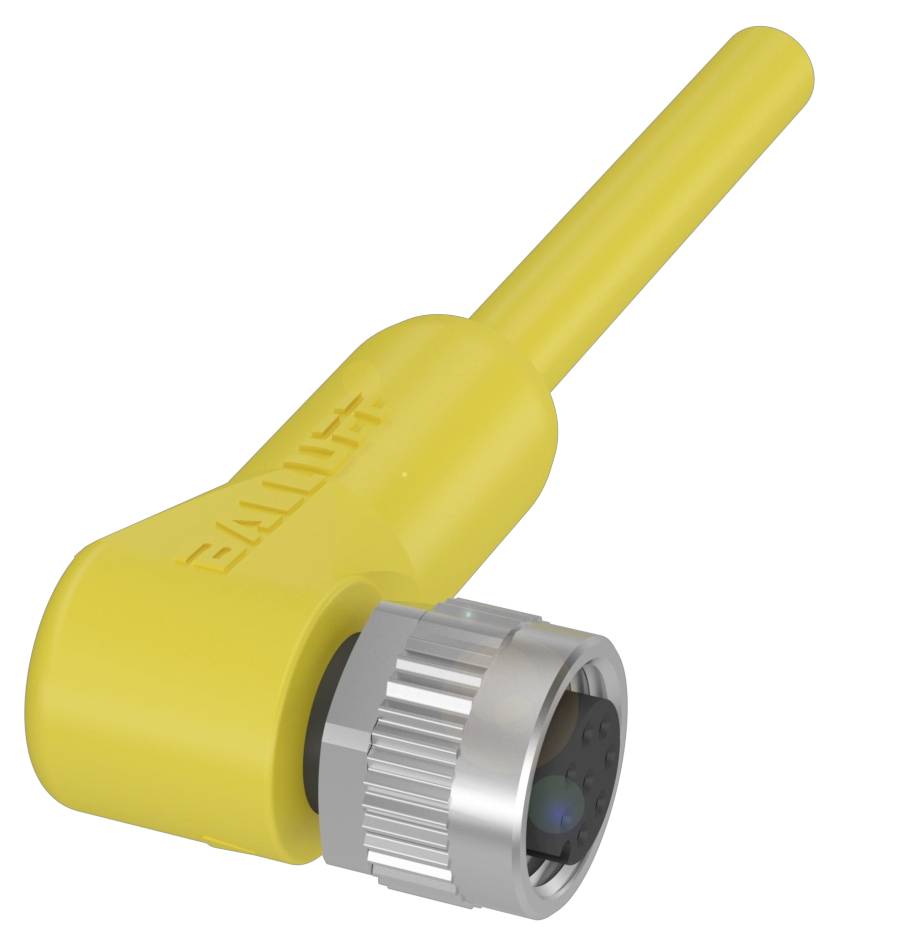 Gelber kabelartiger Stecker mit silbernem Schraubverschluss von Balluff; könnte in industriellen Anwendungen verwendet werden.