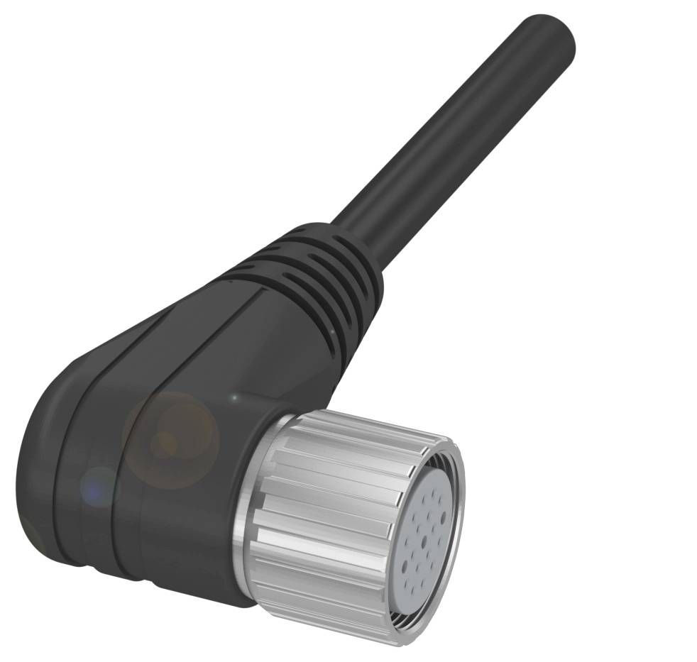 Ein schwarzer Winkelstecker mit silbernem, geriffeltem Schraubverschluss und mehreren kleinen Anschlusspunkten.