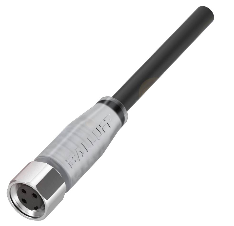 Ein zylindrischer, metallisch-silberner Steckverbinder mit schwarzem Kabel.