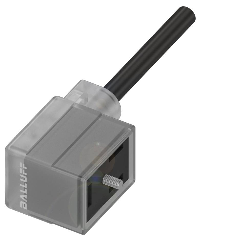 Ein schwarzer Kunststoffstecker mit durchsichtigem Gehäuse, von der Marke Balluff. Der Stecker hat ein längliches Kabel hinten.