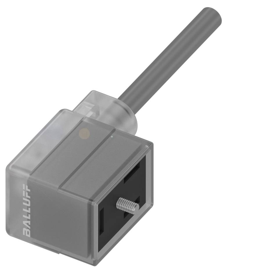Steckverbinder mit transparentem Gehäuse und schwarzem Kabel, Aufschrift 'BALLUFF' an der Seite, dient der elektrotechnischen Verbindung.