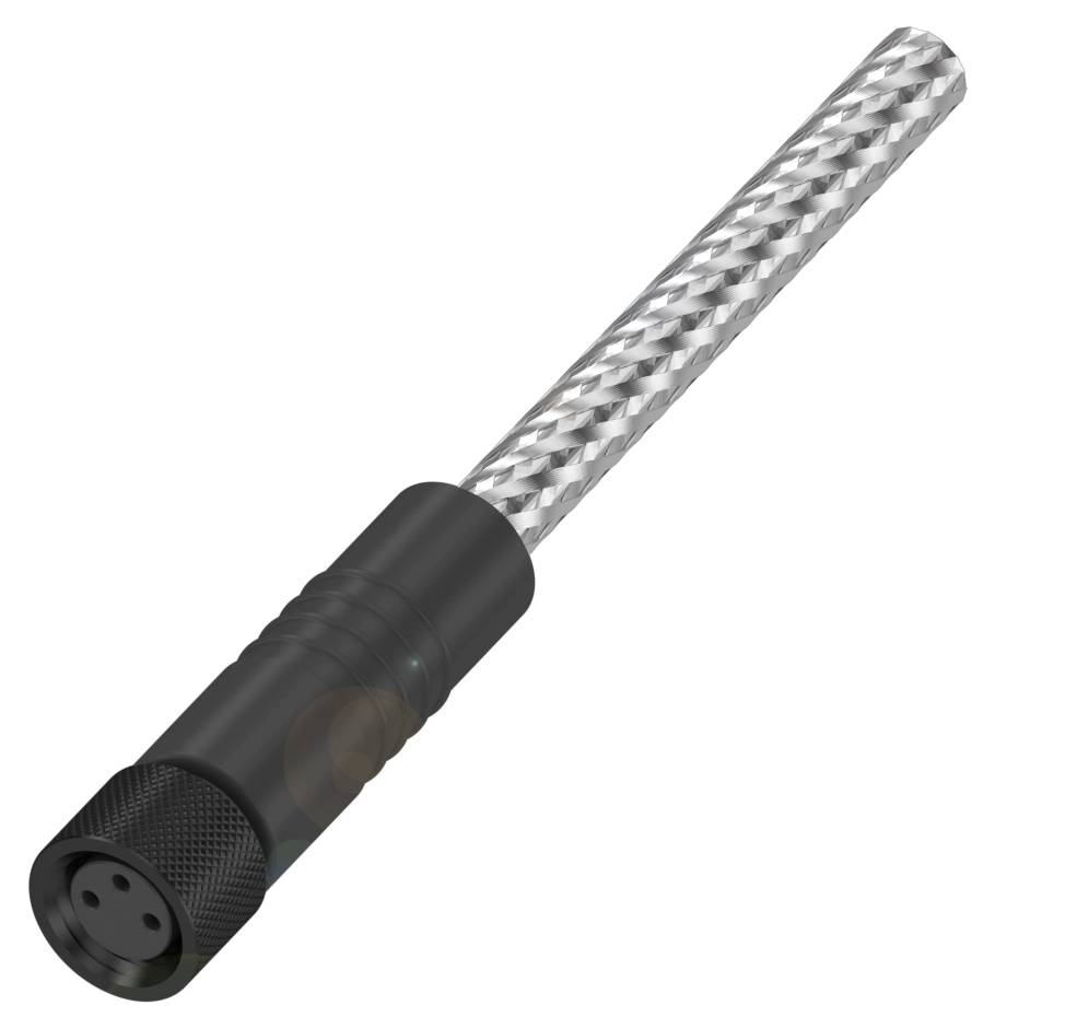 Ein schwarzer, zylindrischer Stecker mit geflochtenem, silbernem Kabel.