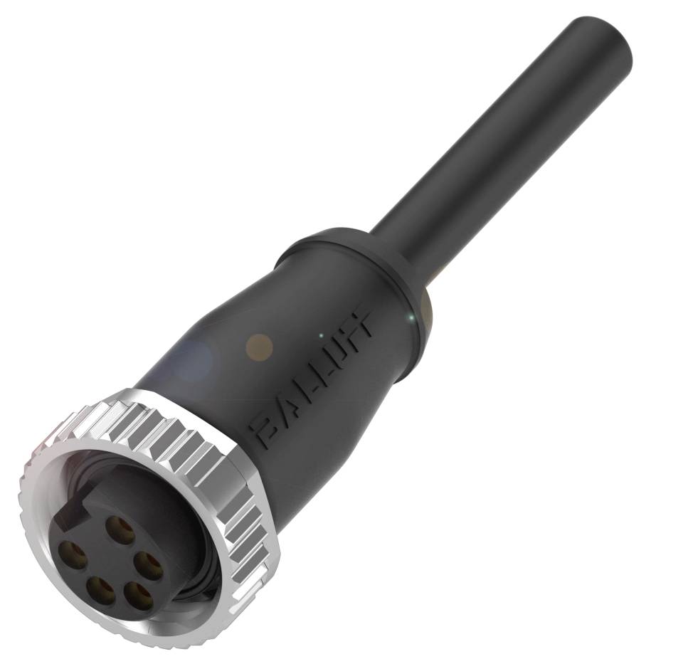 Kabel mit rundem Steckverbinder, fünf Kontaktpins sichtbar, schwarzes Gehäuse und silberner Schraubverschluss, für industrielle Anwendungen.