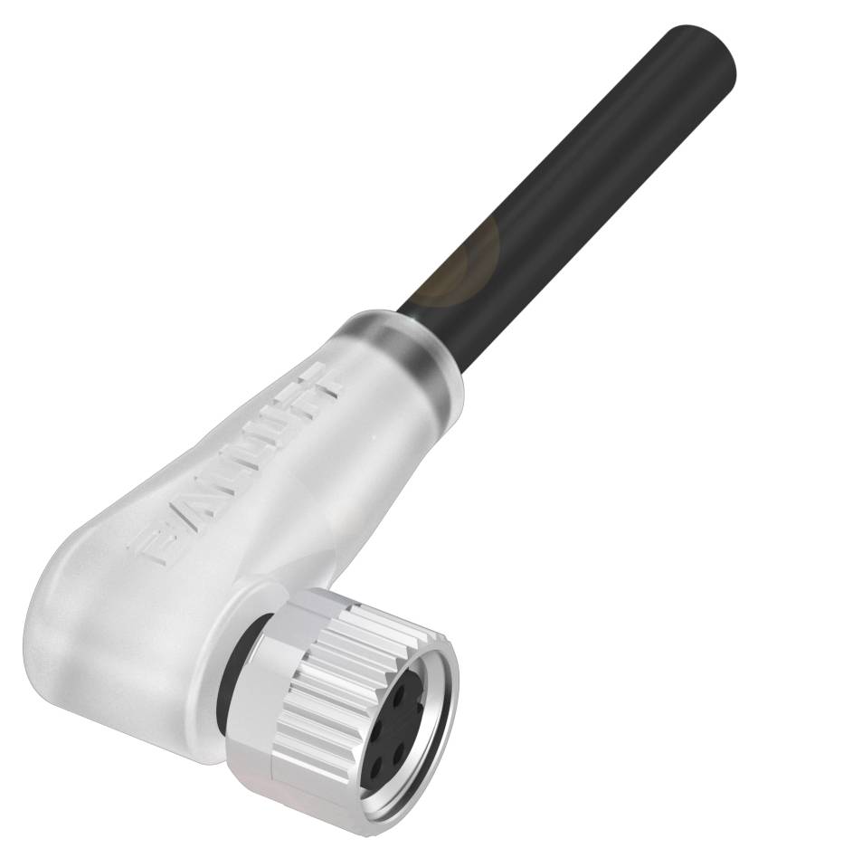 Ein weißer, abgewinkelter Steckadapter mit schwarzem Kabel. Der Anschluss ist für elektronische Geräte konzipiert.