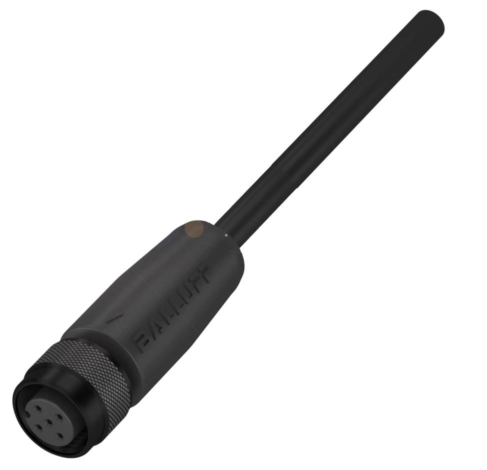 Ein schwarzer zylindrischer Sensor mit Stecker und langem Rohr. Aufschrift 'BALLUFF' auf dem Gehäuse, keine weiteren sichtbaren Details.