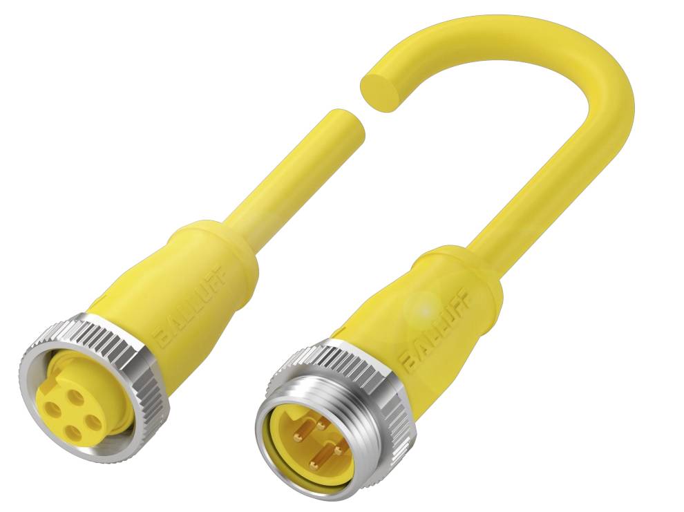 Zwei gelbe M12-Steckverbinder mit Metallgewinde, einer mit weiblichem und der andere mit männlichem Anschluss.