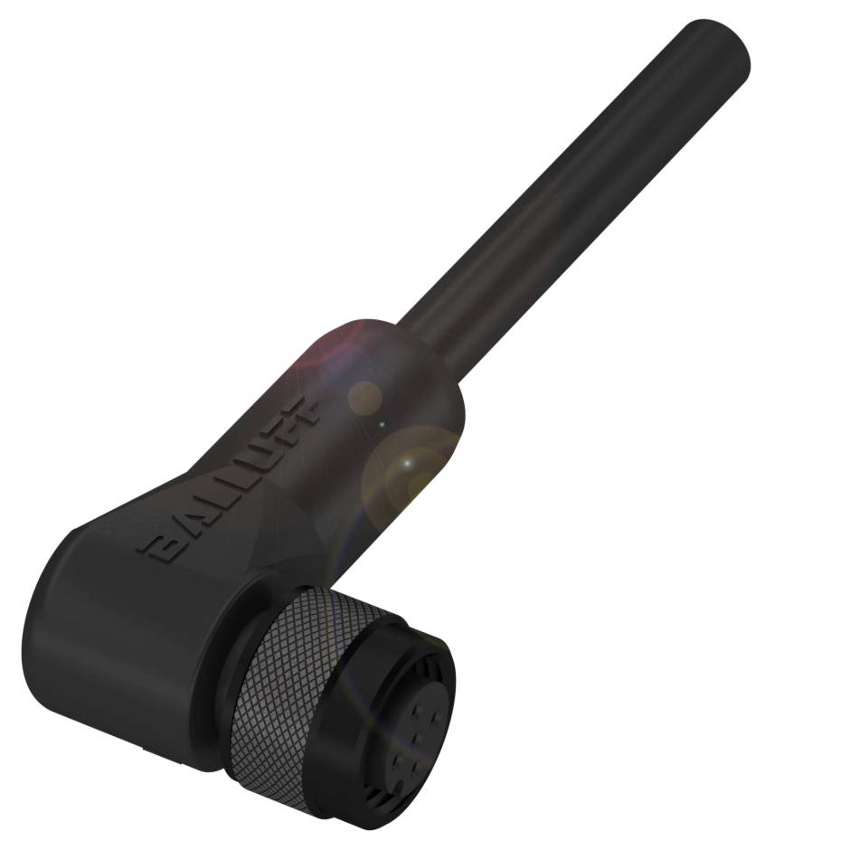 Schwarzer, abgewinkelter M12-Stecker mit Schraubgewinde und Kabelanschluss von der Marke Balluff.