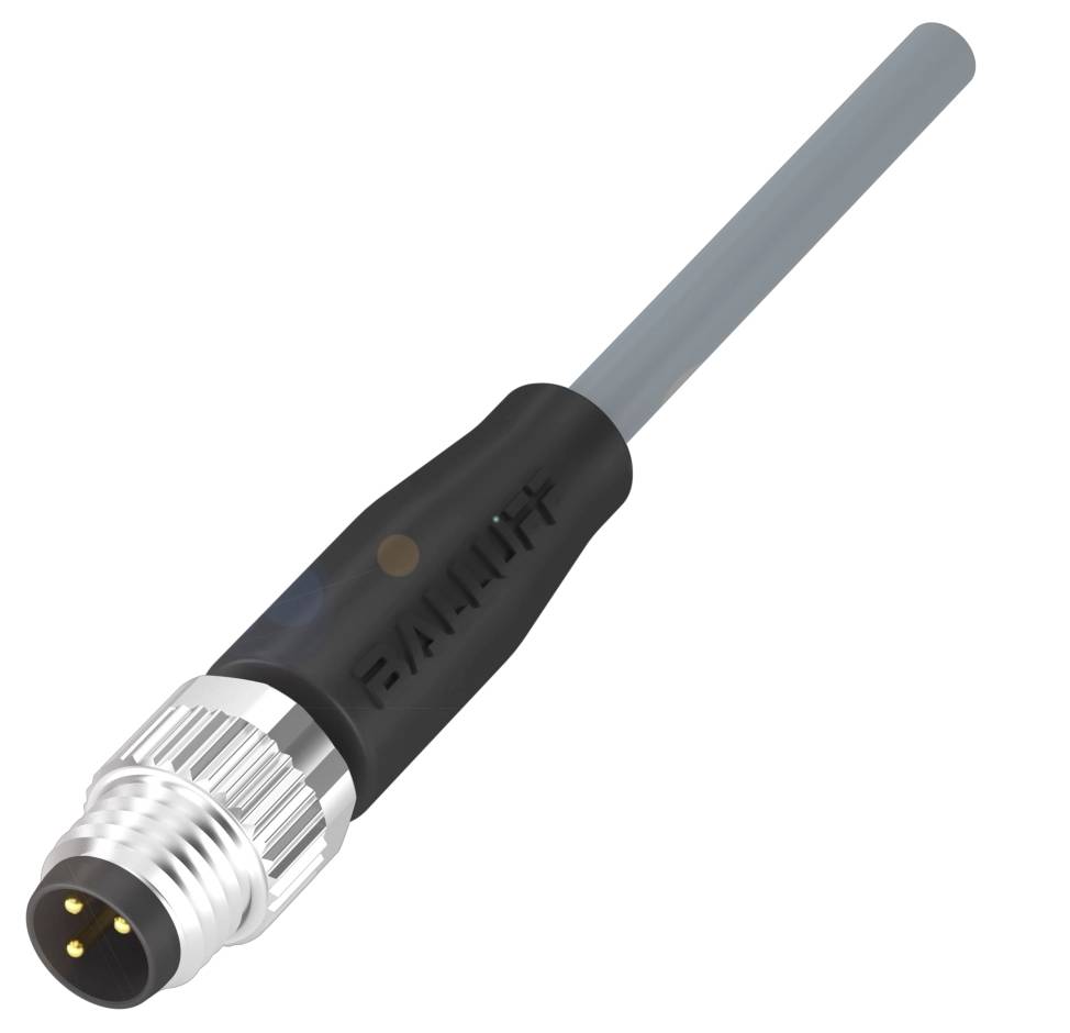 Ein schwarzer M8-Sensorstecker mit einem grauen Kabel. Der Stecker hat vier goldene Kontakte und eine silberne, gerändelte Überwurfmutter.