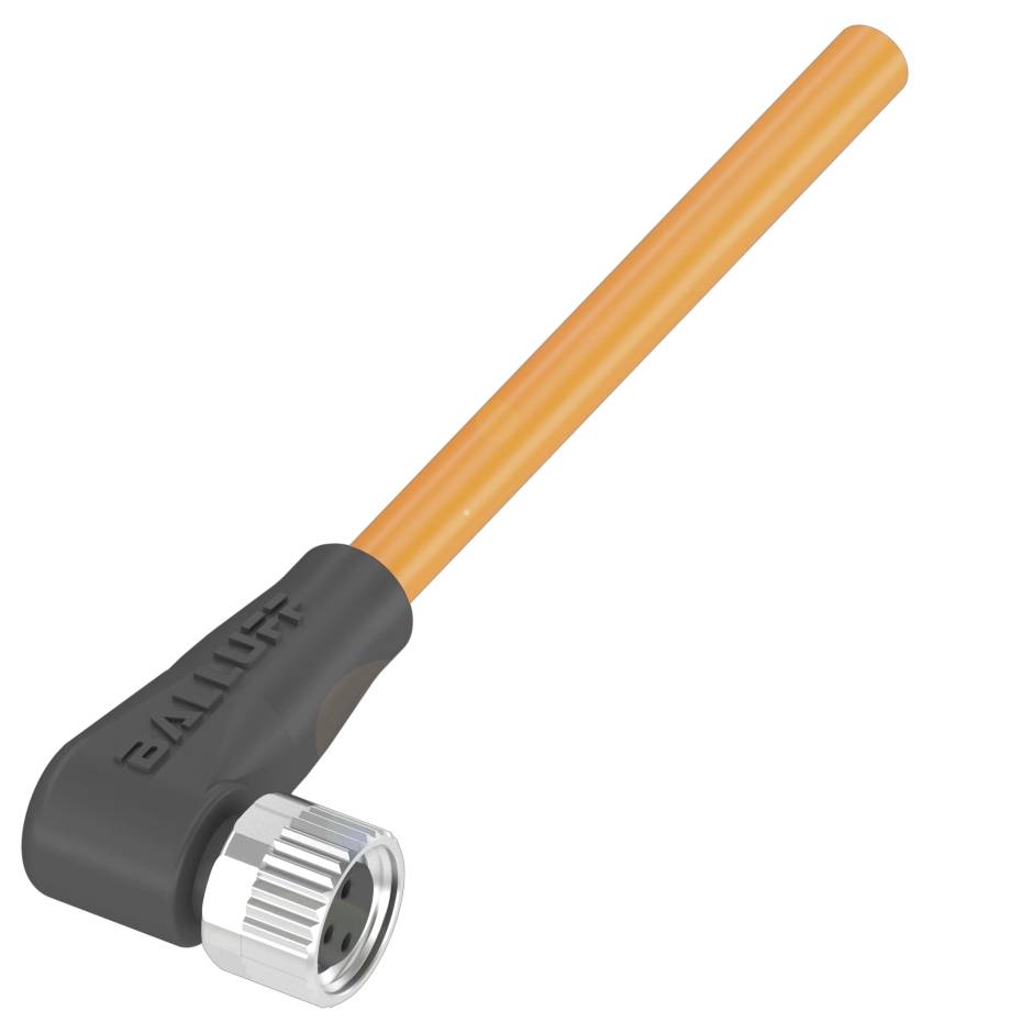 Ein orangefarbenes Kabel mit schwarzem Steckverbinder. Steckverbinder ist zur Montage an Maschinen vorgesehen.