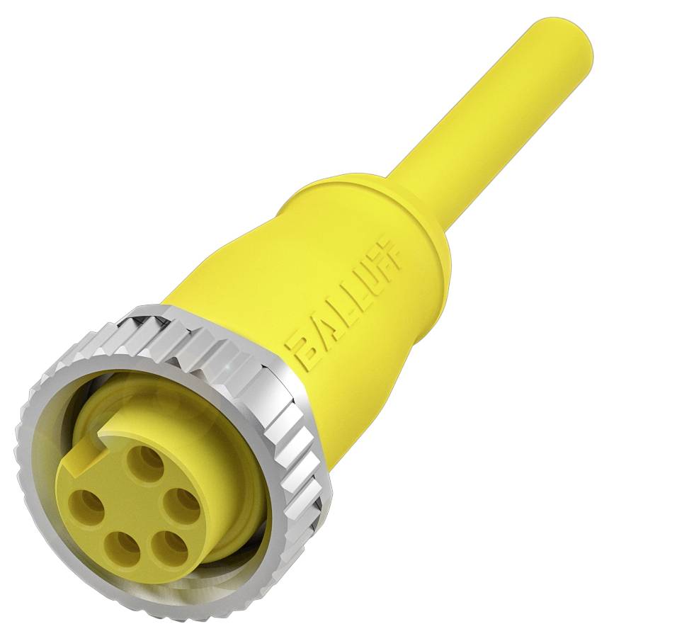 Gelber Industrie-Steckverbinder mit fünf runden Kontakten und geriffelter Metallummantelung.