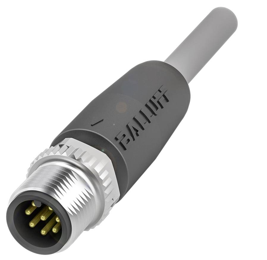 Stecker eines M12-Anschlusskabels mit fünf goldfarbenen Kontakten und grauer Kabelisolation, geeignet für industrielle Anwendungen.