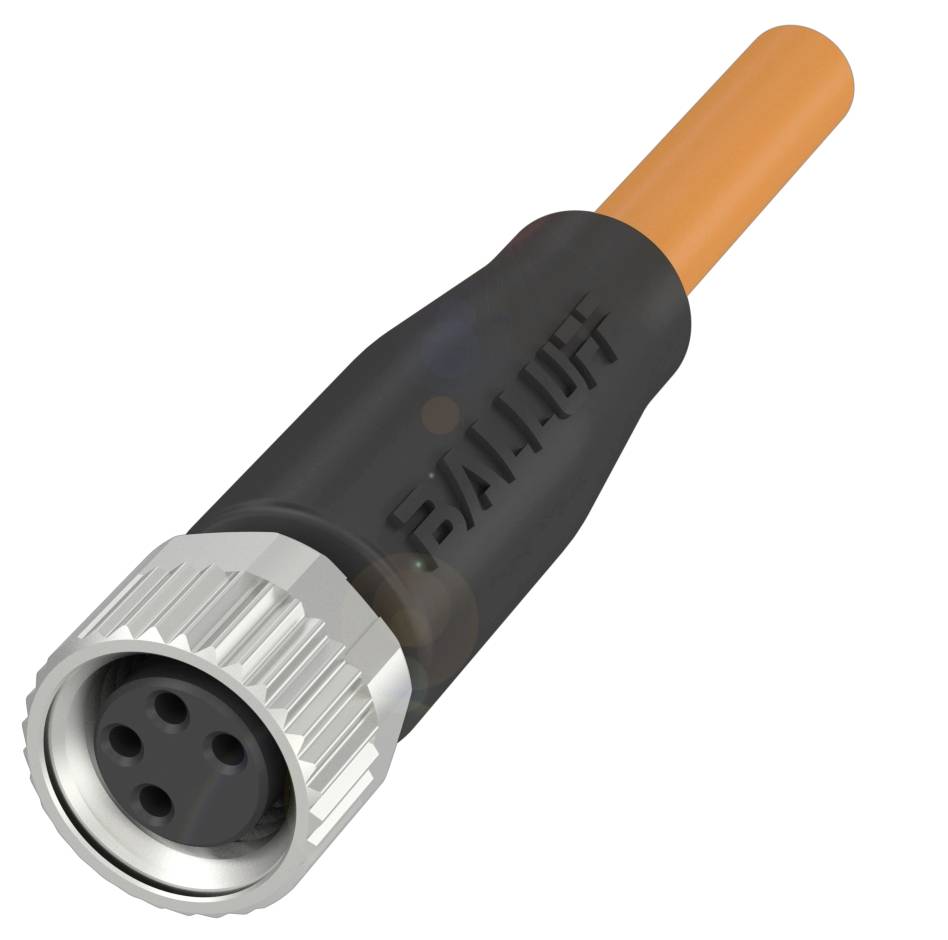 Schwarzer Industriekabelstecker mit silbernem Rand und oranger Leitung, geeignet für robuste elektrische Verbindungen.