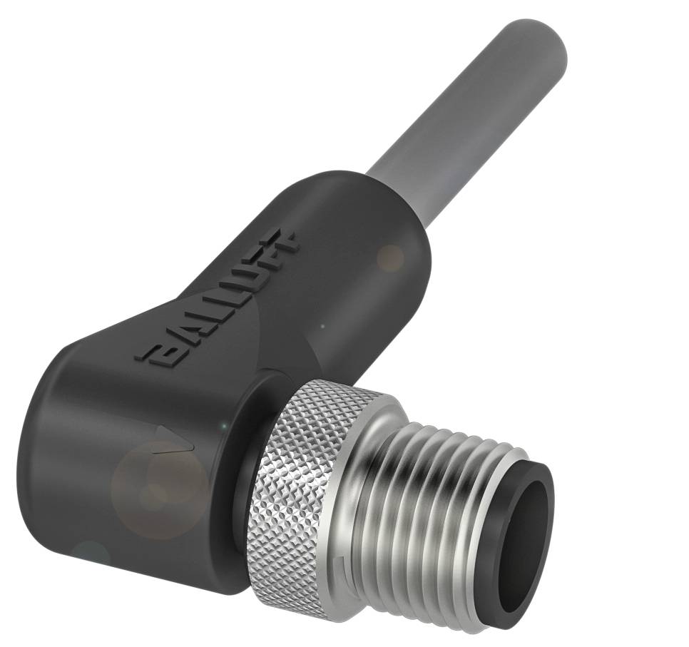 Ein schwarzer Winkelstecker mit Schraubgewinde und Kabelanschluss. Auf dem Stecker steht 'BALLUFF'.