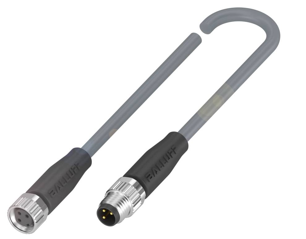 Zwei schwarze, industrielle Steckverbinder mit Metallgewinde, einer mit drei Pins, der andere mit drei Löchern, an grauen Kabeln befestigt.