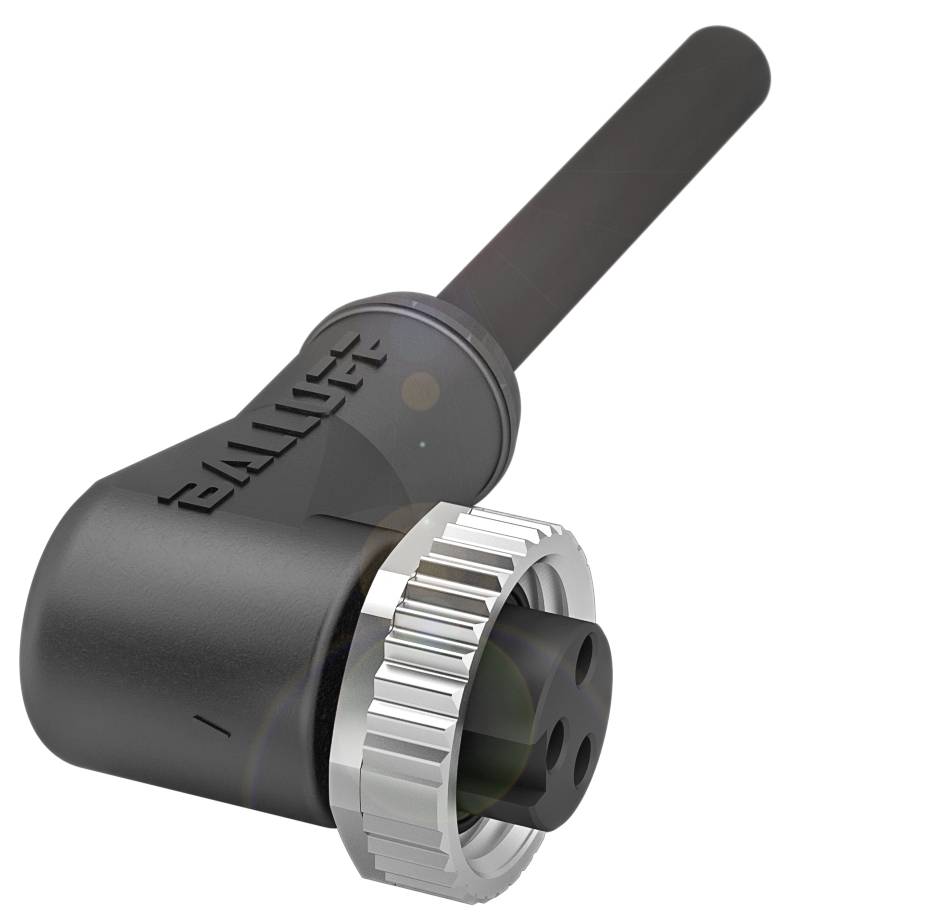 Ein schwarzer, zylindrischer Sensor von Balluff mit einem Metallgewinde und drei Anschlussstiften.