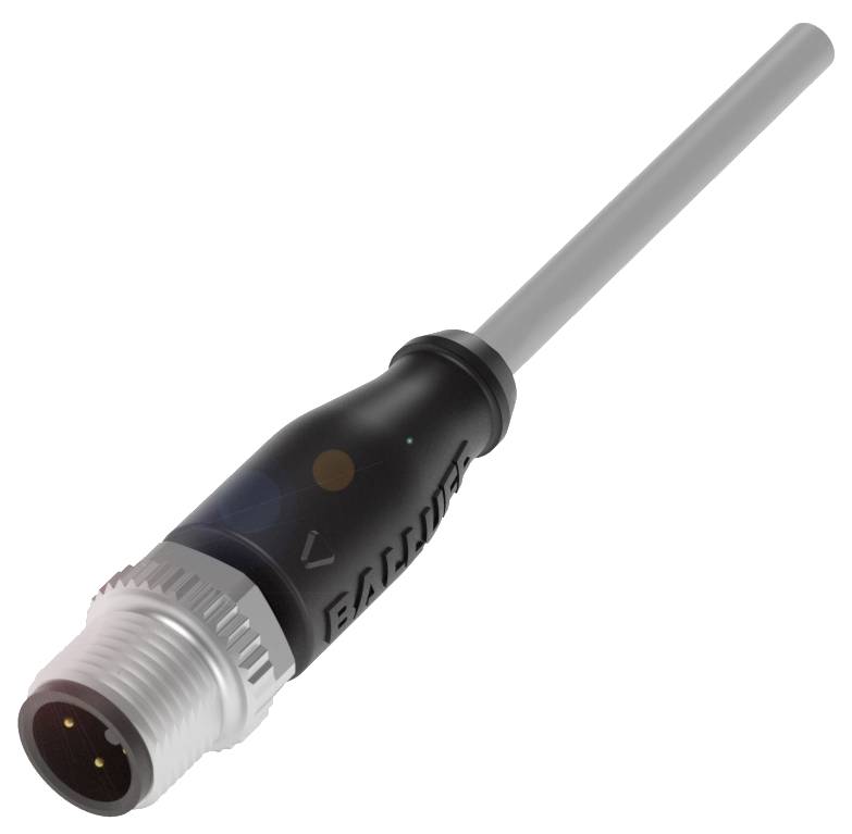 Ein schwarzer, zylindrischer Stecker mit Metallgewinde und einem grauen Kabelanschluss, geeignet für industrielle Anwendungen.