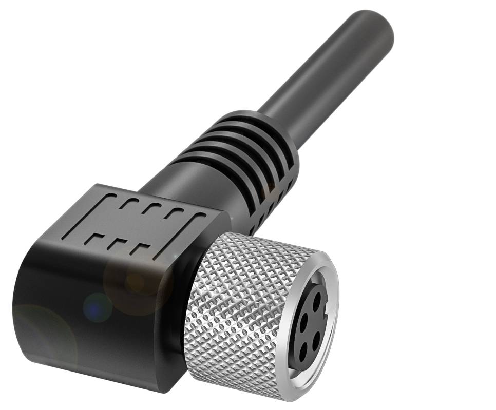 Ein schwarzer und silberner elektronischer Stecker, typischerweise verwendet für Audio- oder Videoverbindungen, mit vier Steckplätzen.