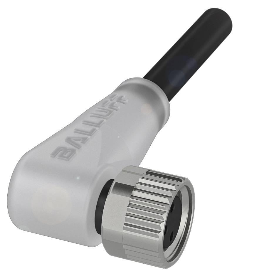 Ein metallischer Winkelstecker mit schwarzem Kabel, beschriftet mit 'Balluff', dient zum Verbinden elektrischer Geräte.