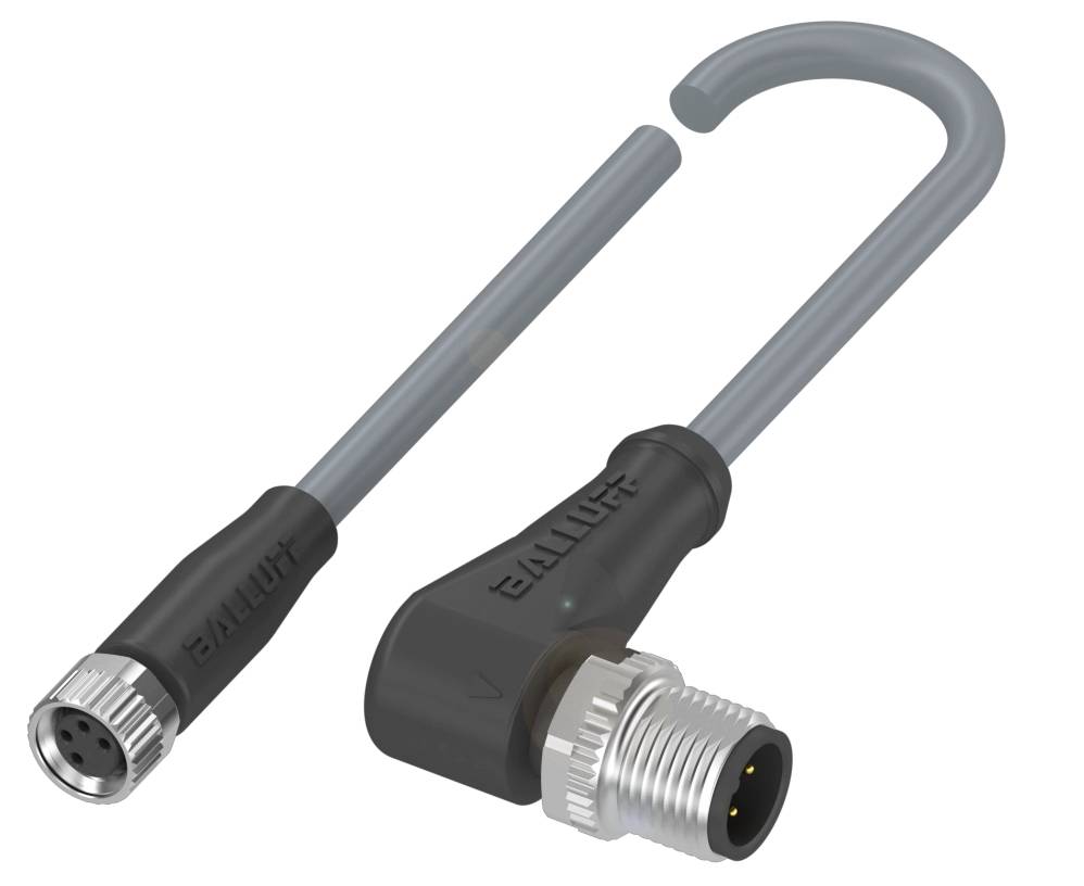 'Balluff' Steckverbinder: gebogenes, graues Kabel mit zwei Anschlüssen, ein gerader und ein gewinkelter. Industrietaugliches Design.