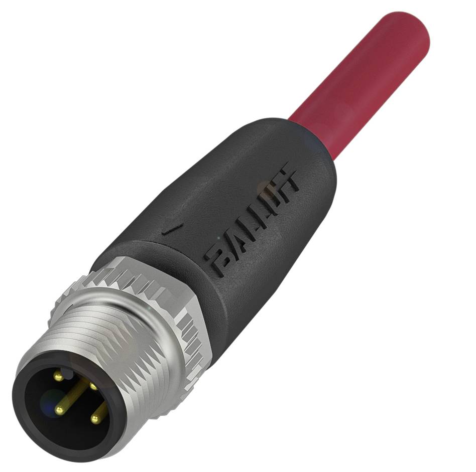 Der abgebildete Stecker ist ein industrieller Rundsteckverbinder mit drei goldenen Kontaktstiften und einem roten Kabel, verwendbar in elektronischen Anwendungen.