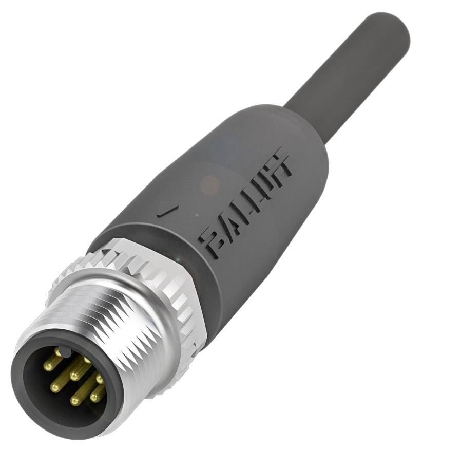 Ein schwarzer M12-Stecker mit Metallschraubverschluss und sechs goldenen Pins, für industrielle Automatisierung und Sensoranwendungen.