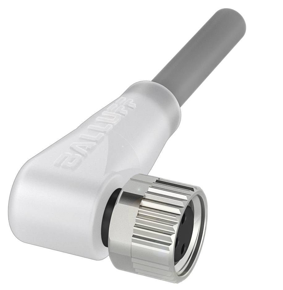 Weiße Winkellitze mit metallischem Schraubanschluss und grauem Kabel, auf dem 'BALLUFF' steht. Elektronisches Verbindungselement.