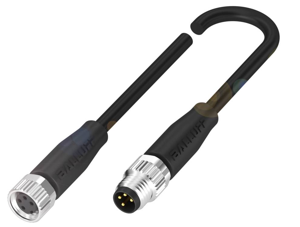 Zwei schwarze Kabel mit je einem runden Stecker, einem weiblichen und einem männlichen Anschluss, jeweils mit silbernen Rändern.